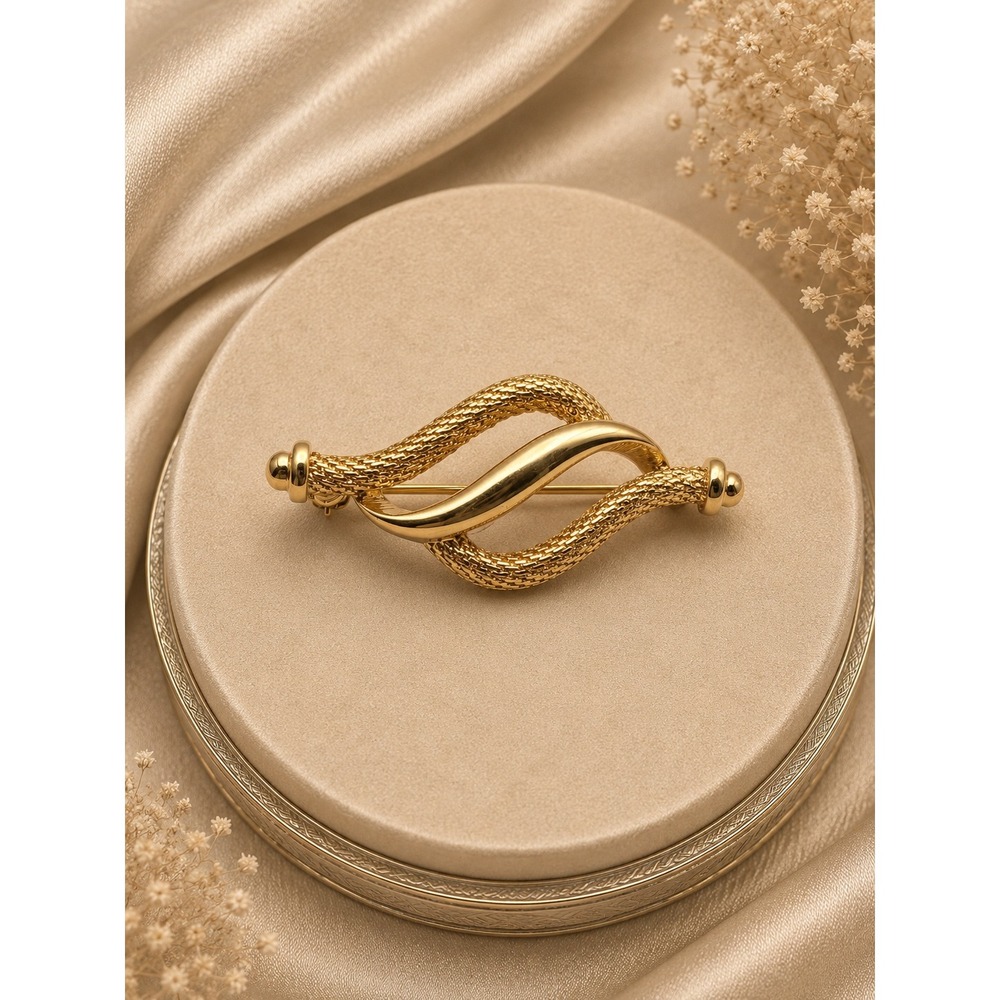 Signed Monet Gold Tone Textured Mesh Swirl Brooch Pin Abstract Modernist Vintage